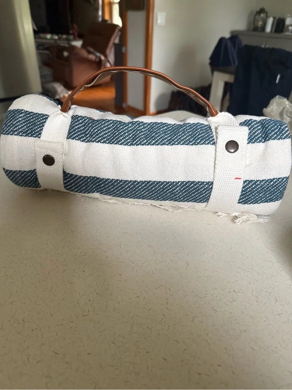Hearth & Hand Navy and White Striped Picnic Blanket with Leather Handle